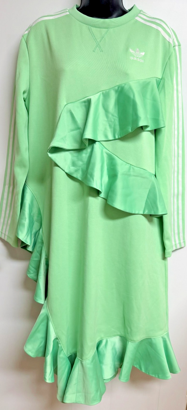 Adidas Originals x J KOO Sweatshirt Dress Women's L Mint Green Ruffle 3-Stripes